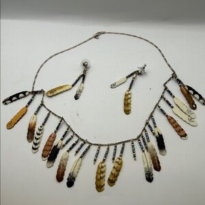 Handmade Feather Fringe Necklace and Earring Set - Neutral Multi